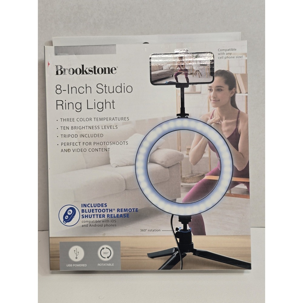 Brookstone 8'' LED Photo / Video Studio Ring Light Kit with Tripod & Phone Mount